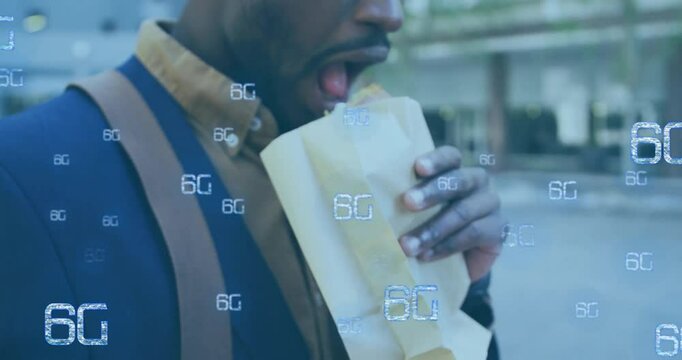 Eating from paper bag, man surrounded by 6G technology animation