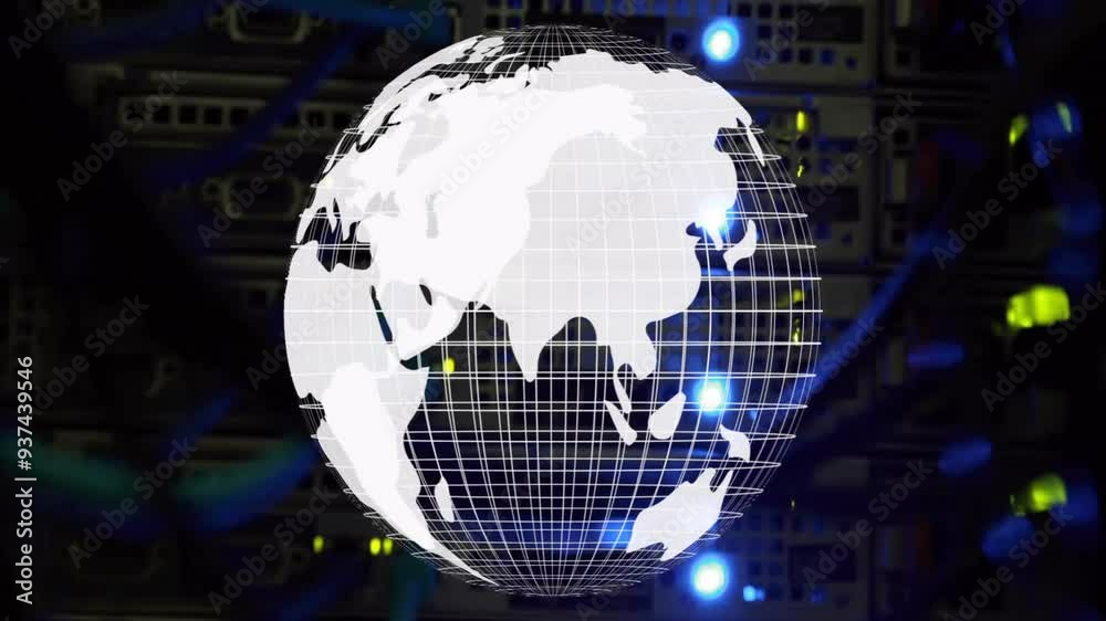 Poster Digital network animation with glowing points and grid lines over server racks