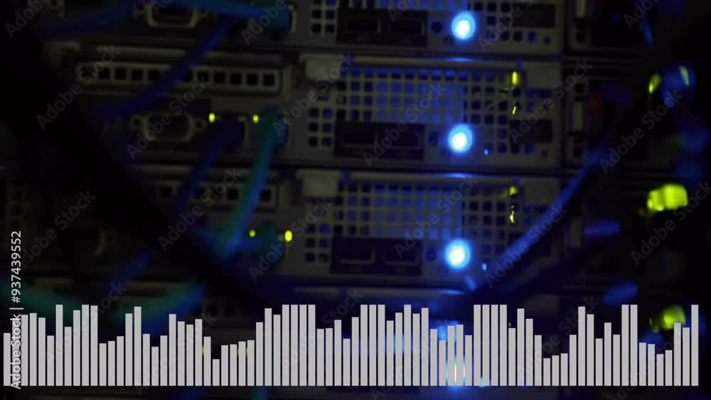 Poster server rack with blinking lights and sound wave animation at bottom