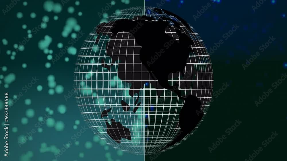 Poster rotating globe with grid lines and data points animation over dark background