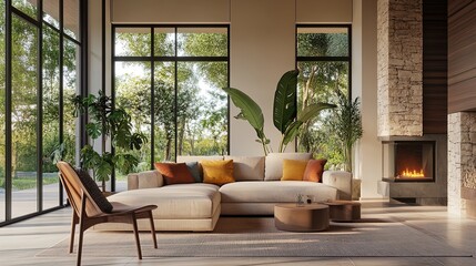 Chic Urban Indoor Space with Beige Sofa and Colorful Accents - Perfect Poster for Modern Living Rooms and Sporty Interiors Featuring Natural Light and Elegant Decor