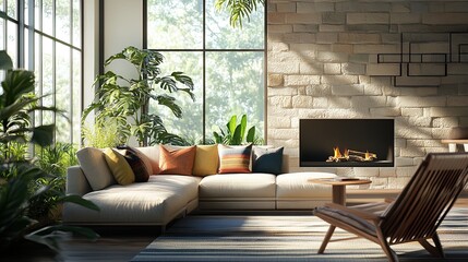 Chic Urban Indoor Space with Beige Sofa and Colorful Accents - Perfect Poster for Modern Living Rooms and Sporty Interiors Featuring Natural Light and Elegant Decor