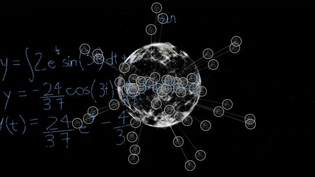 Animating mathematical equations and network connections over globe on black background - Powered by Adobe