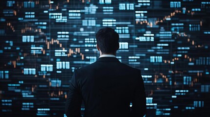 Silhouette of a businessman in despair surrounded by falling stock symbols, depicting the impact of a market crash