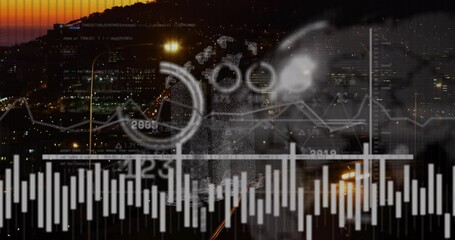 Animating financial data and graphs over cityscape at night - Powered by Adobe