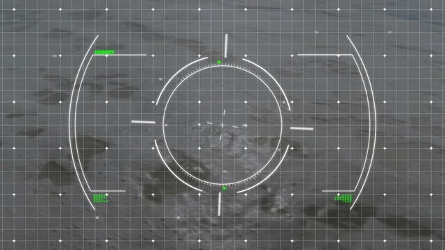 Targeting system animation overlaying aerial view of landscape