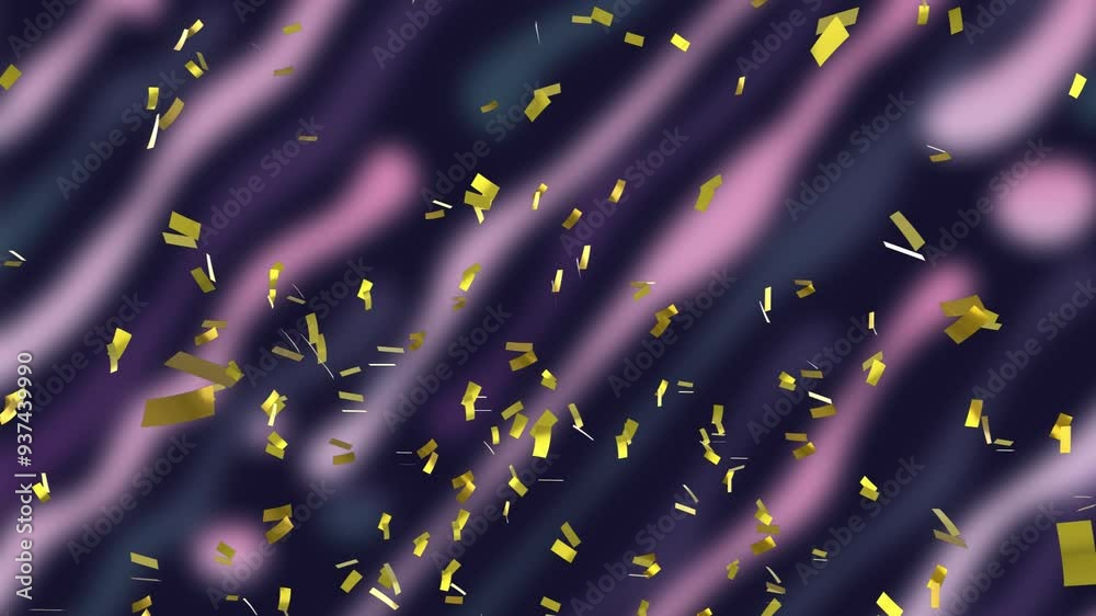 Sticker Gold confetti falling animation over purple and black abstract background