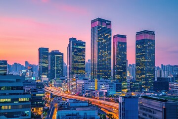 Naklejka premium Modern city skyline at sunset with traffic