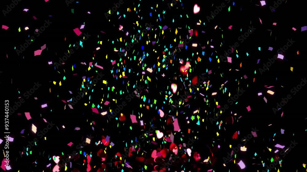 Poster Celebration animation with colorful confetti and heart shapes falling on black background