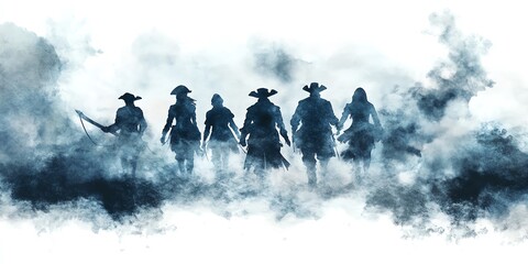 Obraz premium Ghostly pirate crew, emerging from the fog, haunted night, Watercolor style, isolated on white background