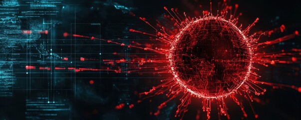 Abstract digital illustration of a red virus ball with spikes, highlighting intricate data patterns and technological background.