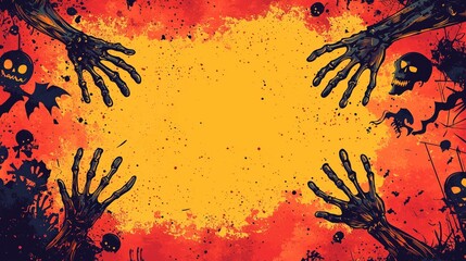 Spooky Halloween background featuring decaying zombie hands and skulls reaching out against a fiery orange backdrop.