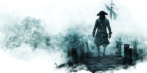 Ghost pirate captain, standing on a foggy dock, eerie night, Watercolor style, isolated on white background