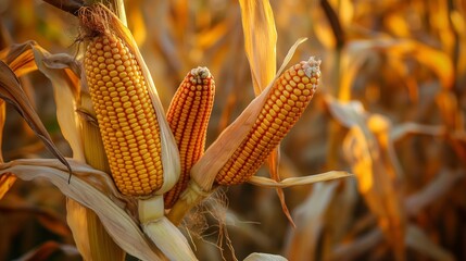 Golden corn cobs growing in an agricultural field, illuminated by warm sunlight, ready for harvest during the autumn season