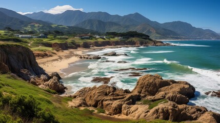 Fototapeta premium Majestic emerald mountains strikingly towering by the serene and tranquil ocean coastline