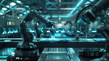 Futuristic smart factory with cutting-edge automation, industrial robotics, and advanced machinery