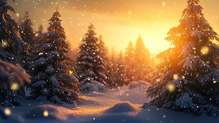 Naklejka premium Embrace Winter Magic: A Dreamlike Cozy Wonderland Poster Featuring Snow-Laden Christmas Trees Under a Golden Sunset – Perfect for Enhancing Any Sports Interior!