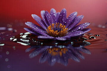 Obraz premium Purple flower with a vibrant red center, surrounded by water bubbles, set against a stunning red and purple background