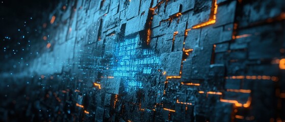 Futuristic abstract wall with glowing textures, showcasing a blend of light and technology for digital art and design themes.