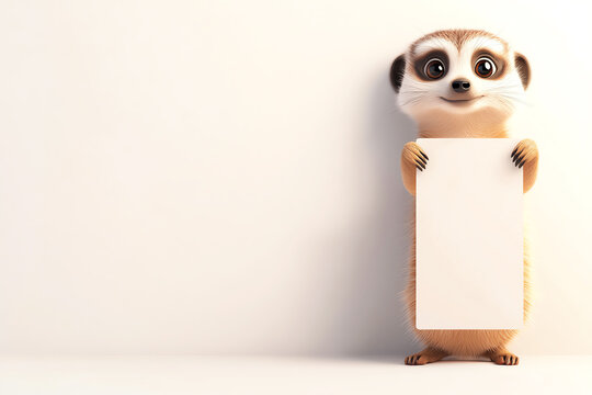 A cheerful cartoon meerkat holding a blank sign against a plain background, inviting creativity and endless possibilities.