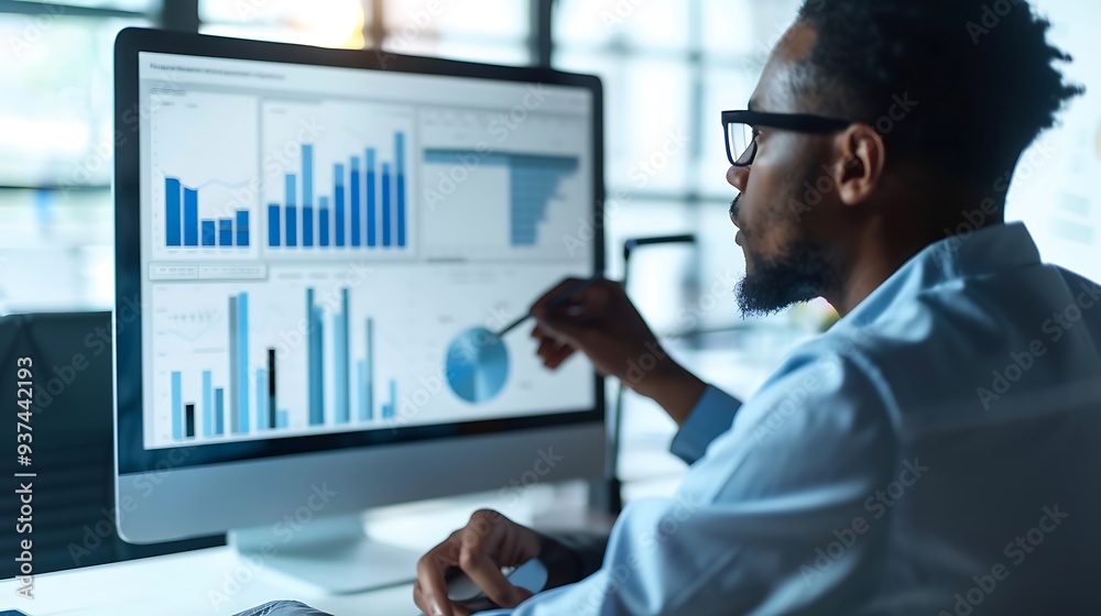 Poster businessman is analyzing data on a computer screen, focusing on charts and graphs.