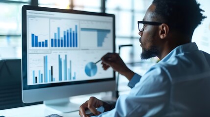 Businessman is analyzing data on a computer screen, focusing on charts and graphs.
