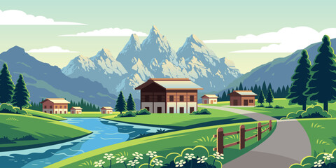 Vector Landscape Of Countryside Mountains Illustration