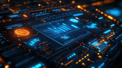 Fototapeta premium Futuristic digital interface with glowing blue and orange elements, showcasing data visualization and high-tech connections.