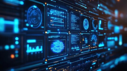 Obraz premium Futuristic digital interface with glowing blue elements, displaying data metrics and graphs. Perfect for technology and innovation themes.