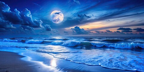 Ethereal mystical Ultramarine Blue moonlit beach waves glowing soft