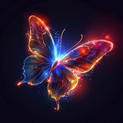 Glowing neon effect butterfly illustration with magical sparkles background, 3d rendering