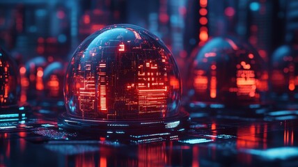 Futuristic sphere with neon lights and digital circuitry, creating a sci-fi atmosphere. Ideal for tech and innovation themes.