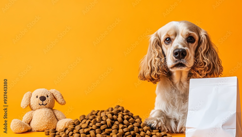 Wall mural a dog is sitting in front of a bag of dog food and a stuffed animal