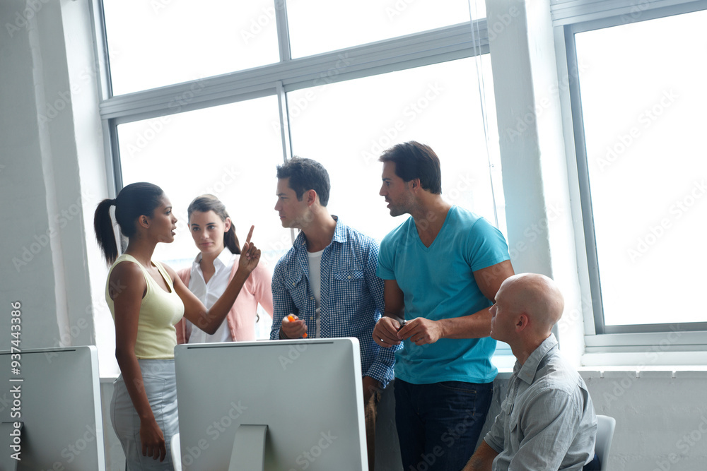 Poster computer, conflict and business people in office for meeting, problem solving and discussion. creati