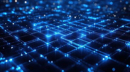 Obraz premium Vibrant blue digital grid with glowing lights, reflecting modern technology and innovation in a futuristic setting.
