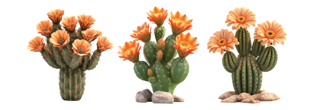 Cactus plants set isolated on transparent background, various cacti for decoration and nature