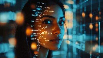 A South Asian woman's face with an AI-themed background