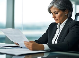 Businesswoman Reviewing Documents In Office