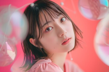 Asian Woman Portrait With Bubbles