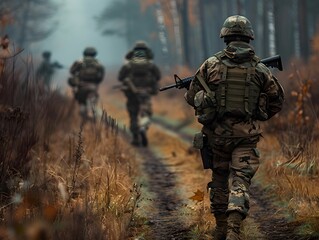 Soldiers patrol a misty forest trail during a military exercise in autumn, demonstrating teamwork and discipline in challenging conditions