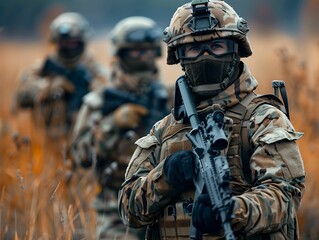 Fototapeta premium Soldiers in camouflage gear patrol a grassy field while preparing for strategic maneuvers during a military training exercise in autumn