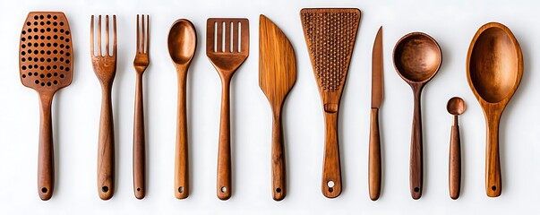 Wooden Kitchen Utensils and Tools Flat Lay Photography