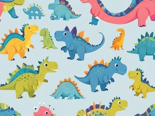 Playful cartoon dinosaurs, light-colored background, seamless design.