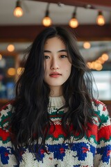 Close Up Portrait of Asian Woman Wearing Festive Knit Sweater