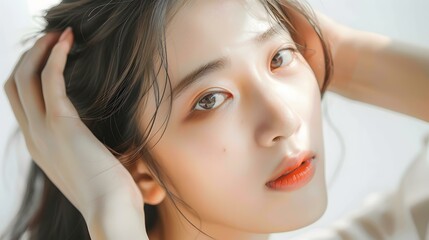 Fototapeta premium Portrait of Young Asian Woman with Long Hair Looking at Camera