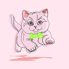 Hand drawn illustrations, line drawings, dancing cats, bow decorations