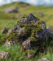 Obraz premium Green Mossy Stone in a Grassy Field