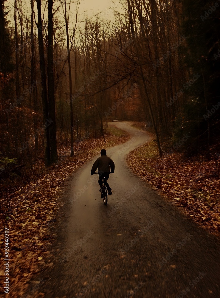 Wall mural man riding bicycle on winding forest path