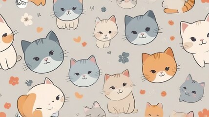 Obraz premium Cute, flat cats in a seamless design, light-colored backdrop.