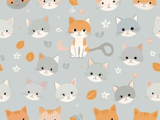 Obraz premium Adorable cartoon cats in a simple, flat pattern on a soft background.